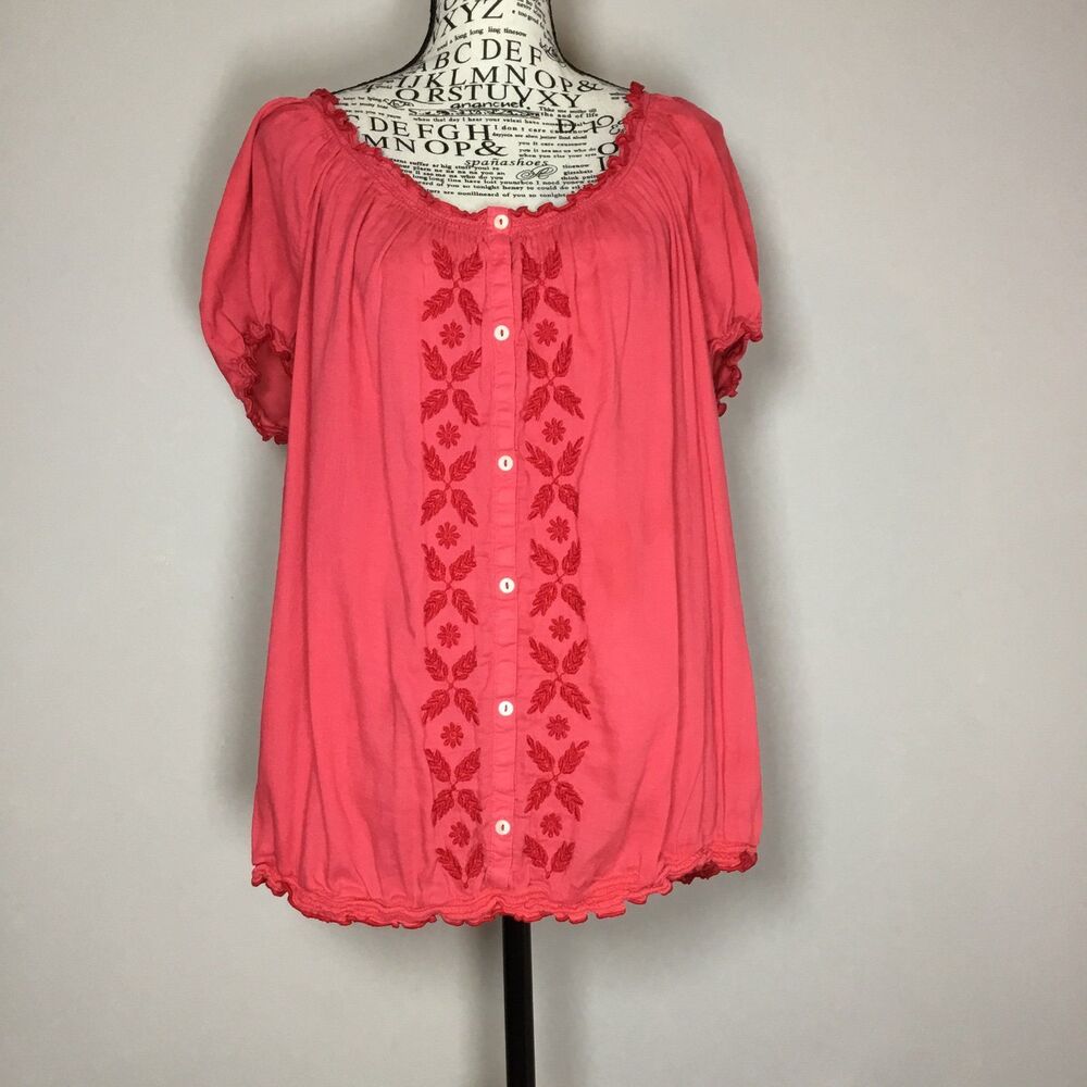 Dark coral cotton peasant blouse embroidered leaf detail ruffle edges fairy 1X